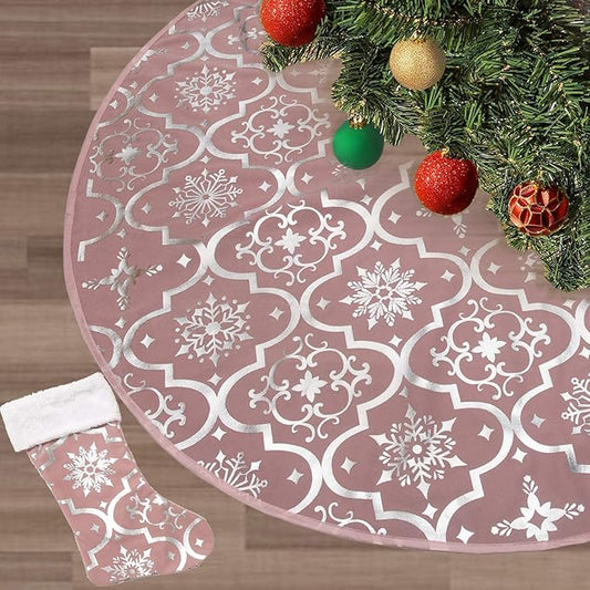 Flash World 36 Inch Large Christmas Tree Skirt Xmas Soft Cover Mat Decor Snowflake Collar Farmhouse Tree Skirt for Holiday Ornaments Party Home Indoor Decorations (Pink, 36INCH)