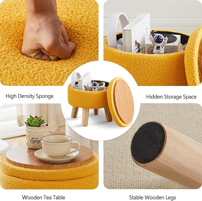 Wimarsbon Storage Ottoman, Modern Round Footrest with Soft Padded Seat, Teddy Velvet Footstool with Wood Legs, Accent Small Table or Plant Stand for Hallway, Living Room (Brilliant Yellow)