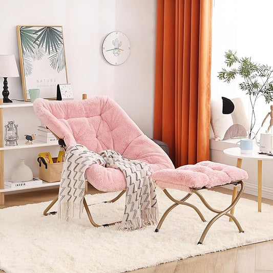 Dorm Chair with Ottoman, X-Large Soft Saucer Chair, Oversized Folding Faux Fur Accent Chair, Foldable Metal Frame Chair for Bedroom, Living Room (Pink)
