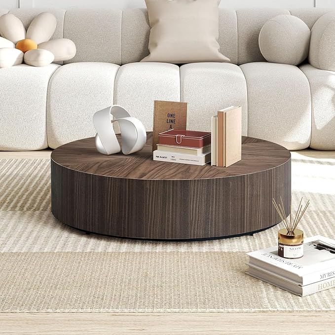 35.43" Round Coffee Table for Living Room, MDF Coffee Table Drum Center Table for Apartment, Modern Drum Circle Coffee Table Side Table End Table, No Need Assembly (Walnut, ø35.43'' x 11.42'')