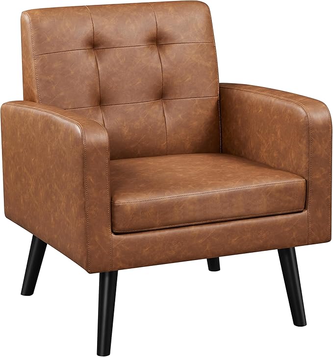 Yaheetech Mid-Century Accent Chairs, PU Leather Modern Upholstered Living Room Chair, Cozy Armchair Button Tufted Back and Wood Legs for Bedroom/Office/Cafe, Retro Brown 2 PCS