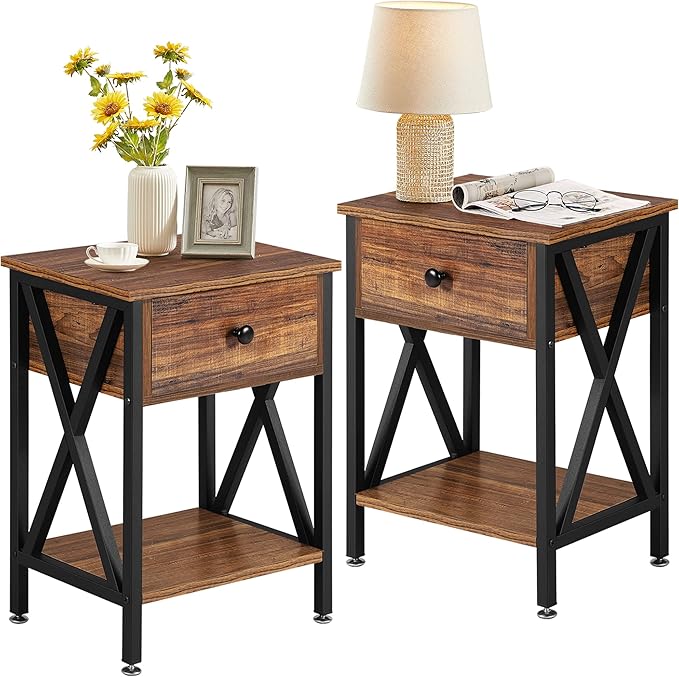 VECELO Nightstands Set of 2, Modern Bedside End Tables, Night Stands with Drawer and Storage Shelf for Living Room Bedroom, Industrial Metal Frame