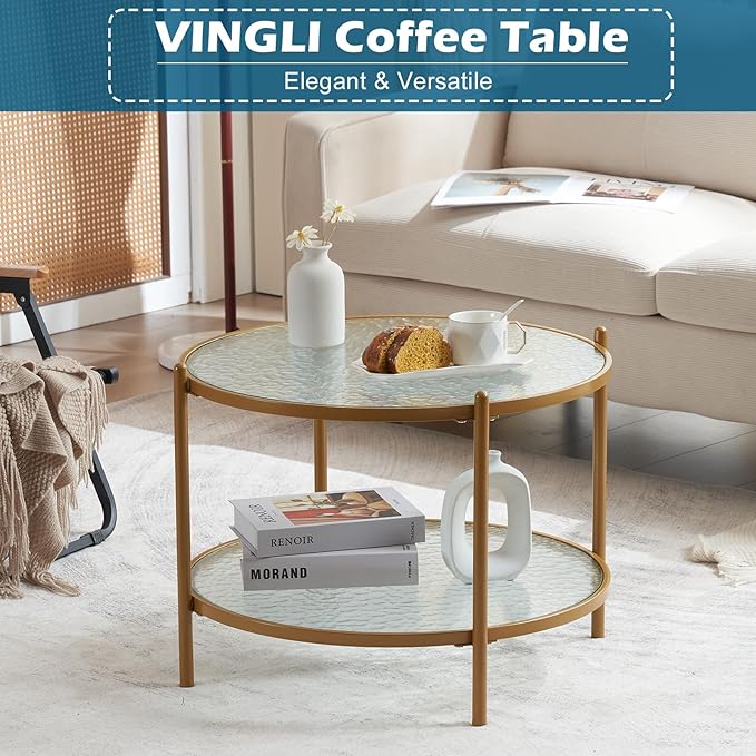 VINGLI 25.6" Small Matte Gold Round Coffee Table Water-Wave Glass Circle Clear Coffee Table, Center Table with 2-Tier Modern Storage Design for Living Room, Bedroom, Meeting Room, Balcony, Patio