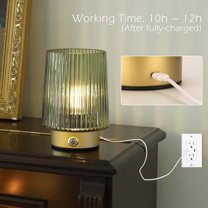 Cordless Lamp Rechargeable Battery Operated lamp, Glass Small Table lamp - Portable Dimmable Brightness Touch Wireless Bedside Lamp for Bedroom Kitchen Dining Home Living Room Decor Grey