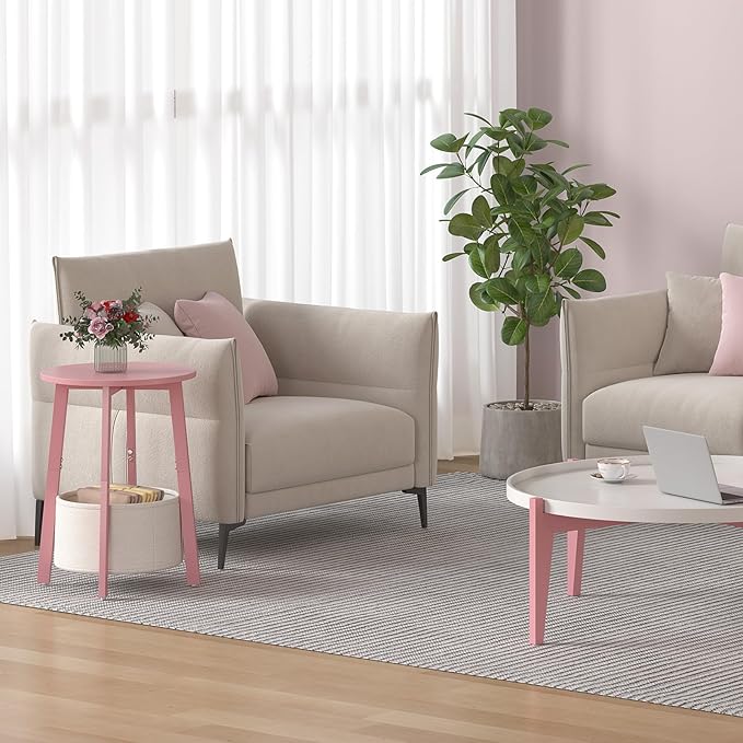 Small Round Side End Table Set of 2 with Cloth Storage Basket, Round Bedside Sofa Couch Coffee Tables for Small Places with Metal Frame, Modern Nighstands for Living Room Bedroom,Pink