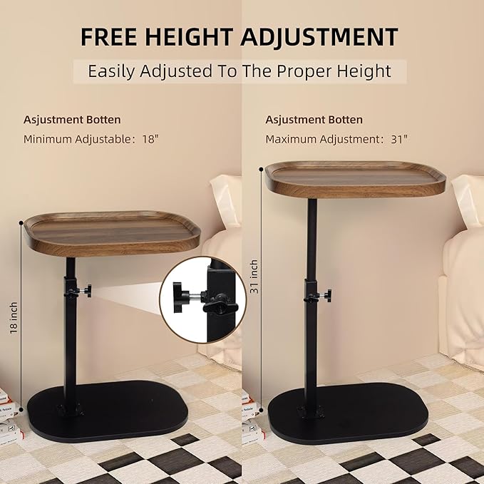 Aoligrace Nightstands Set of 2 Adjustable Height, 360°Swivel C Shaped End Table for Couch Sofa, Walnut Bed Side Table for Living Room Bedroom College Dorm