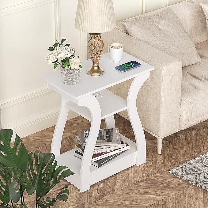 End Table with Charging Station, Side Table with USB Ports and Outlets, 3 Tier Nightstand Sofa Table for Small Spaces, Beside Table with Storage Shelf for Living Room, Bedroom