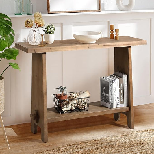 Solid Wood Console Table, 43.3" Farmhouse Entryway Table with Storage Shelf, Rustic Narrow Skinny Behind Couch Sofa Table for Living Room, Hallway, Entryway, Foyer, Brown