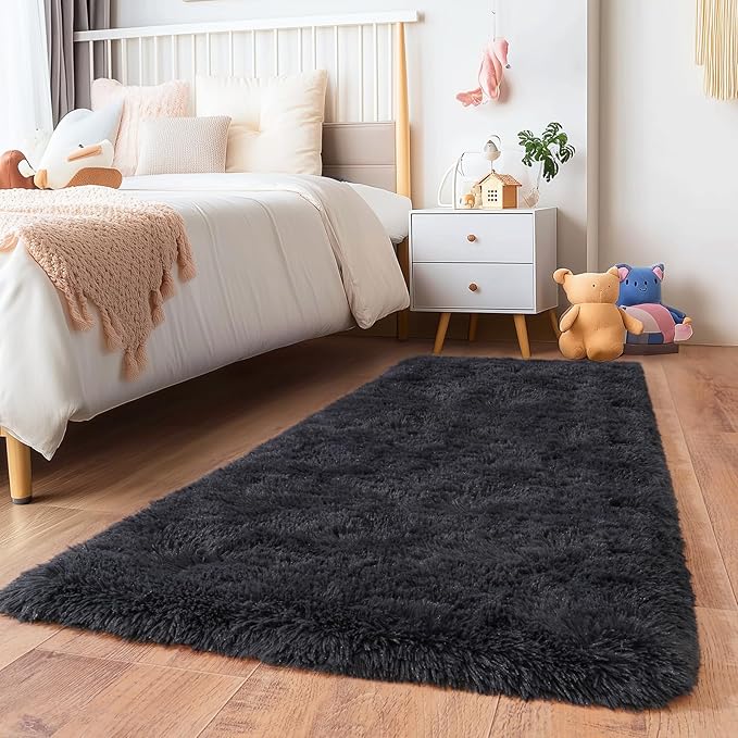 Runner Rugs for Bedroom, 2x6 Fluffy Throw Area Rug Non Slip for Bedside Dorm Hallways, Long Soft Shag Carpet for Nursery Living Room, Charcoal Gray