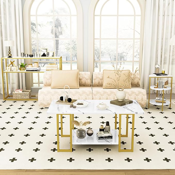 AWQM 3 Pieces Modern Coffee Set, with End Table and Console Table, Contemporary Faux Marble Living Room Table Sets, White&Gold