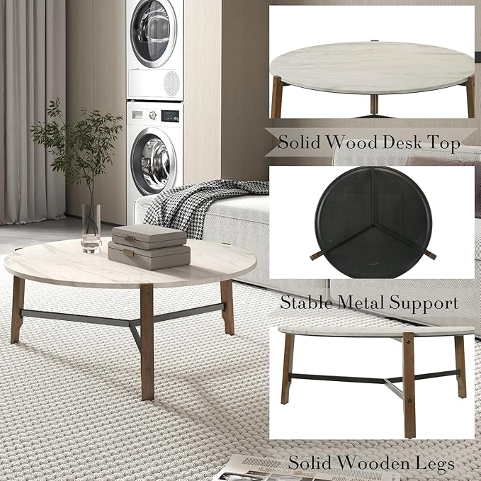 Modern Round Coffee Table, 36’’ Wide Wooden Side Table Mid-Century End Table with Wood Legs Metal Support for Living Room Bedroom, White