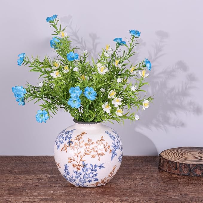 Vintage Blue and White Brown Round Vase, Chinoiserie Porcelain Blue Floral Vase, Mid Century Modern Pottery Flower Vases for Bouquet and Home Rustic Farmhouse Dining Table Decor