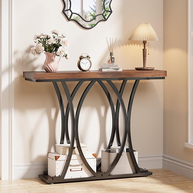 JUSTOGO 41.3" Industrial Entryway Table, Narrow Wood Sofa Console Table with Geometric Metal Legs and Ellipse Base, Living Room Furniture for Foyer, Hallway, Entrance, Rustic Brown