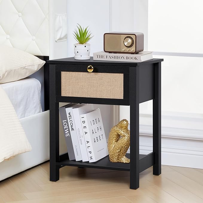 Wood Nightstand, 21.65" H End Table with Flax Finish, Modern Night Stands with Drawer, Farmhouse Bedside Table for Bedroom Living Room (Black)
