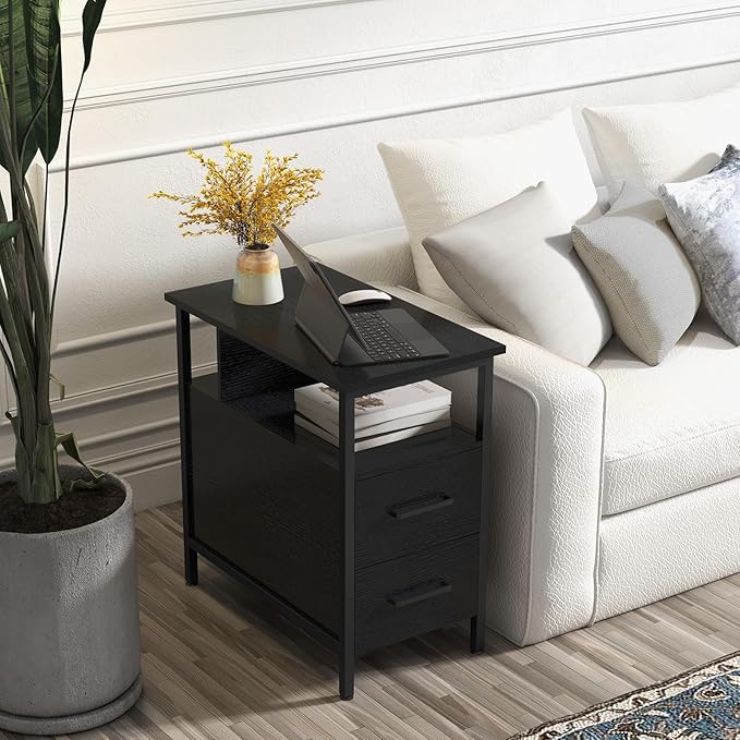 Livofloral Black Side Tables, End Table with Charging Station, Narrow End Table with 2 Wooden Drawers, USB Ports and Power Outlets, Slim Nightstand and Bedside Table, End Tables Living Room, Bedroom