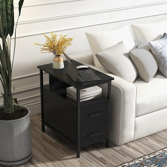 Livofloral Black Side Tables, End Table with Charging Station, Narrow End Table with 2 Wooden Drawers, USB Ports and Power Outlets, Slim Nightstand and Bedside Table, End Tables Living Room, Bedroom
