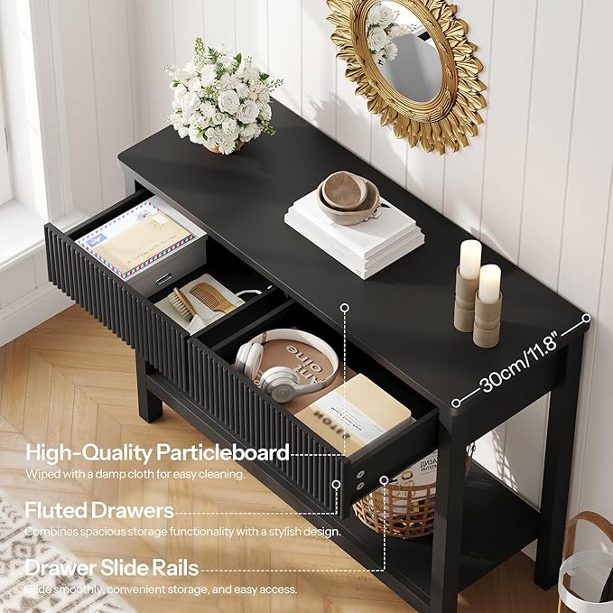 HOOBRO 39.3'' Console Table, Narrow Entryway Table with 2 Wavy Drawers, Sofa Table with 2 Tier Storage Shelf, Behind Couch Table, Display Stand, for Hallway, Entryway, Living Room, Black BK89XG01