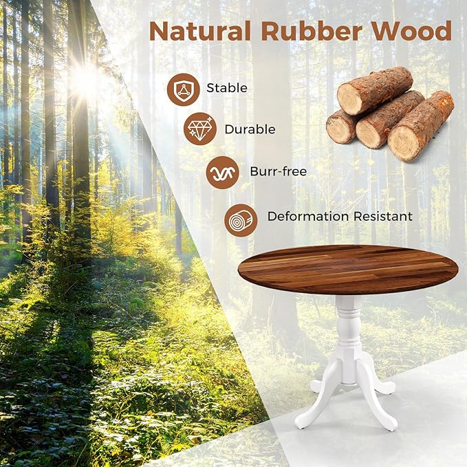 Giantex Round Dining Table, 39" D X 29" H, Rubber Wood Pedestal Table W/Round Tabletop & Curved Trestle Legs, 4-Person Dinner Table for Kitchen, Dining Room, Restaurant (Walnut & White)