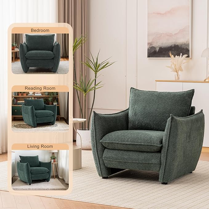 Oversized Accent Chair, Modern Single Sofa Cloud Chairs with Removable Pillow, Deep Seat Comfy Armchair for Living Room Bedroom Reading Nook - Upholstered Lounge Chair (Green, Set of 2)