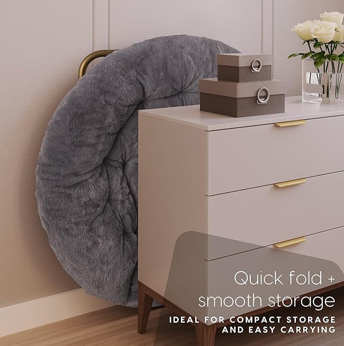 Milliard Saucer Chair For Adults, Teens & Kids, Grey, Faux Fur XL Circle Chair for Bedroom, Dorm & Gaming, Foldable Comfy Accent Seat for Small Spaces, Folding Moon / Mushroom / Round Oversized Style