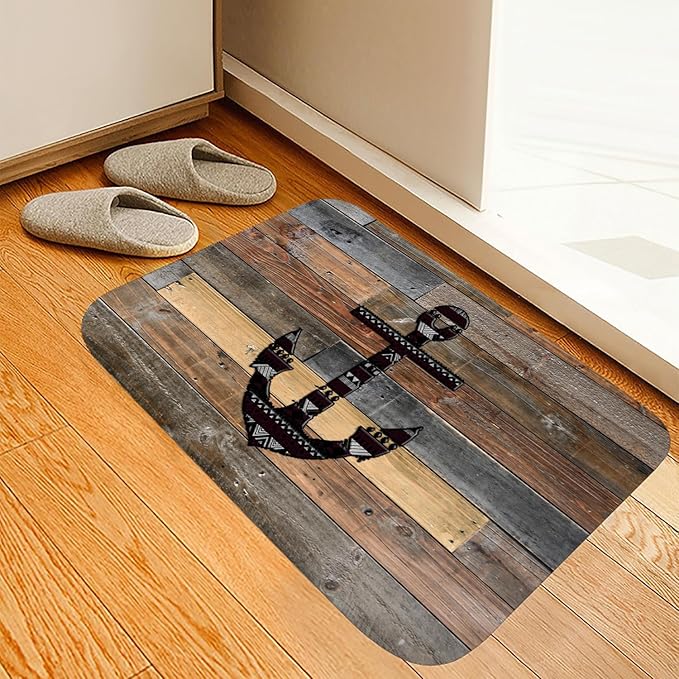 Bath Rugs Sponge Foam Absorbent Soft for Bathroom and Kitchen (21X35.5 inches),Flannel Mat Non Slip Bright 3D Print for Bedside and Living Room(Old Wooden Plank Anchor)