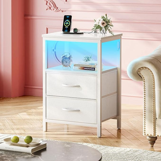 Night Stand with Charger Station and LED Lights, 2 Drawer Nightstand, Bed Side Table with Open Shelf, End Table, Fabric Dresser for Bedroom, PU Leather, White