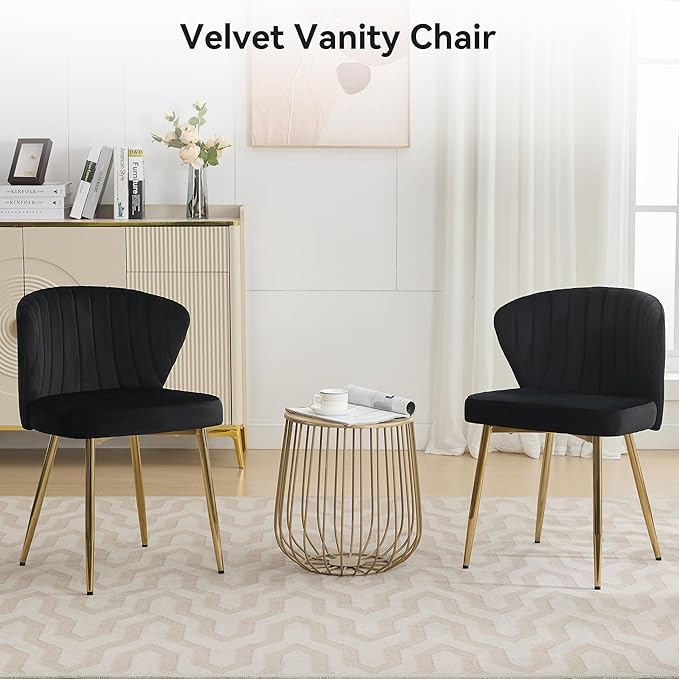Velvet Vanity Chair, Modern Makeup Chair with Back Golden Legs, Small Cute Accent Chair for Vanity, Living Room, Bedroom, Beige, Black