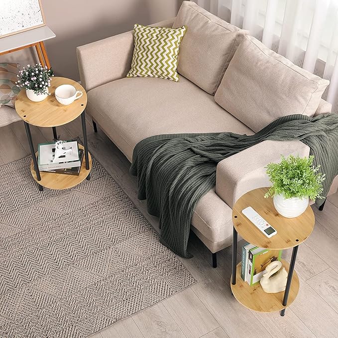 Small Round Table Set of 2, End Tables Living Room, Side Tables for Small Spaces, 2 Tiers Rustic Accent Tables, Night Stands for Bedrooms, Coffee Tables With Storage Shelf