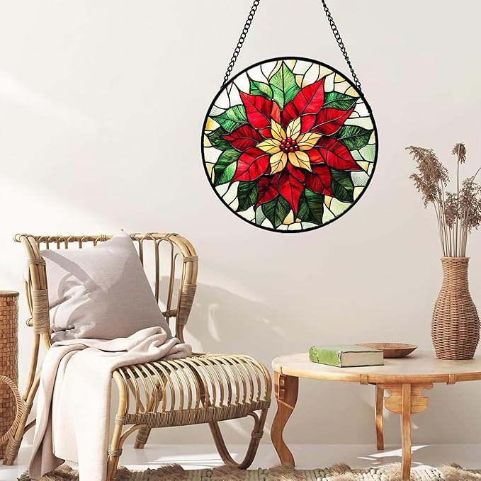 Stained Glass Window Hanging - Red Poinsettia Birth Flower Sun Catcher for Door Garden Home Decor Suncatcher Christmas Mother's Day Birthday Gifts for Women Men Mom Girl Nana Friend 7.8 in