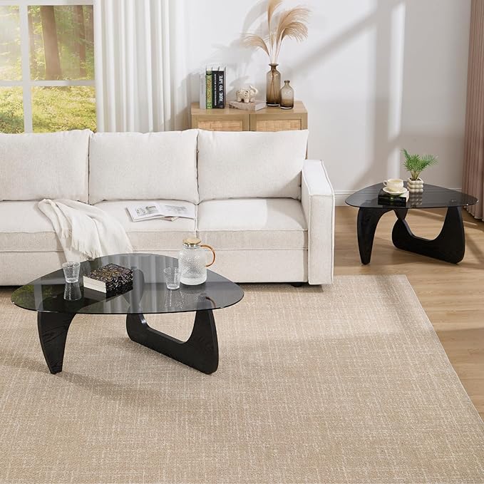 DUOMAY Modern Triangle Glass Coffee Table, 16 Inch High Glass Top Abstract Small End Table with Solid Natural Wood Base, Tea Table Suitable for Living Room, Office, Patio, Apartment, Black Wood