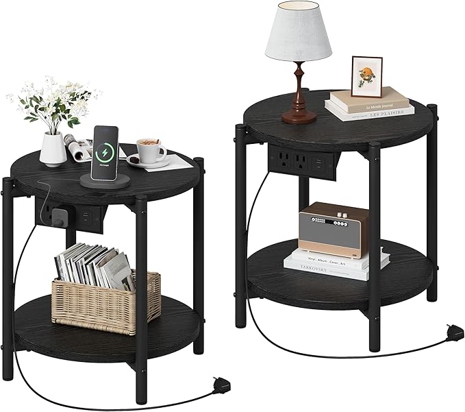LIKIMIO Round End Tables, Set of 2, 16" W Small Round Side Tables with Charging Station, 2-Tier Modern Nightstands for Small Spaces, Living Room, Bedroom, Black