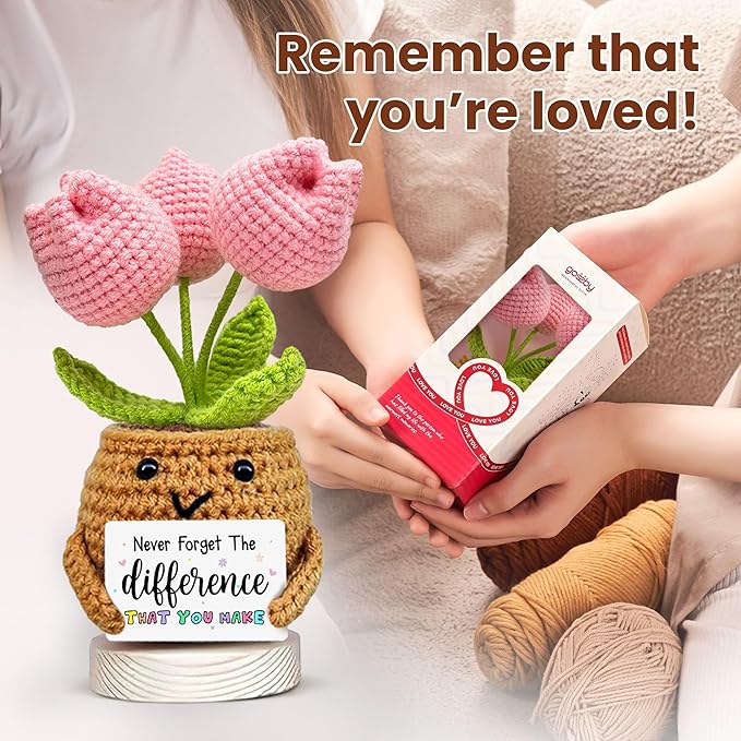 Gossby Handmade Positive Tulip Flower Crochet - Never Forget The Different That You Make - Inspirational Gift for Women - Thank You, Appreciation, Positive Gift for Teacher, Mom, Friend, Coworker