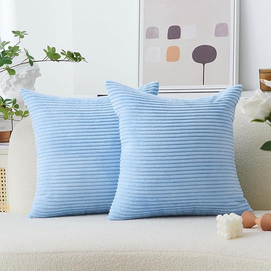 Home Brilliant Blue Throw Pillow Covers Striped Velvet Couch Pillow Cushion Covers Set of 2 Large Pillows Covers for Couch Bench Sofa Bedroom, 55 x 55cm, 22 x 22 Inch, Baby Boy Blue