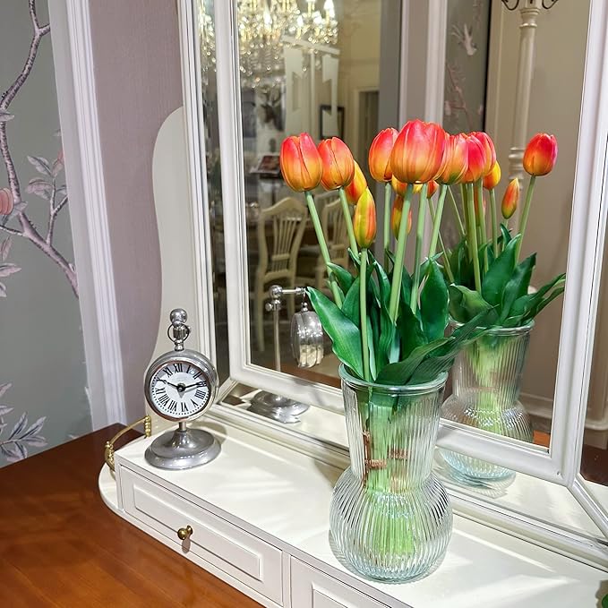 16-inch Premium Real Touch Fake Tulips Artificial Flowers with Buds, Flexible Stem Easy to Shape, Faux Tulips for Home Decor Indoor (Vase not Included), 10-Pack Set of Sunset Orange