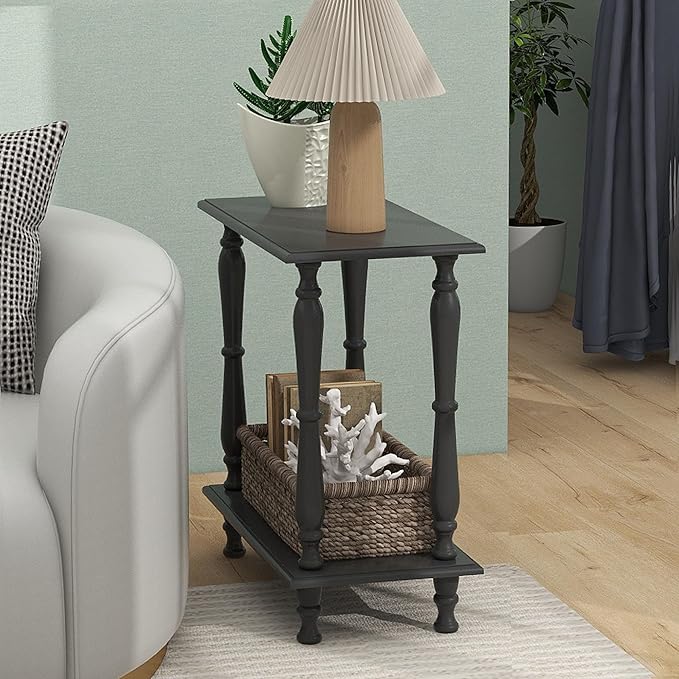 TaoHFE Narrow End Table - 2-Tier European Style Vintage Side Table for Living Room, Bedroom, Small Spaces - Black Wooden Retro Bedside Table