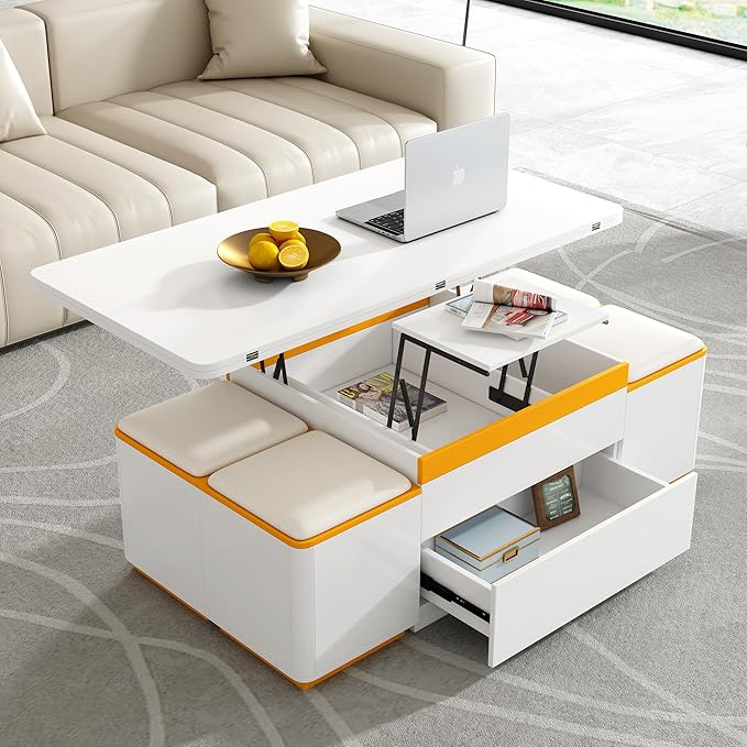 47.2'' Lift Top Coffee Table with 4 Storage Stools and Foldable Top, Modern Rectangular Multi-Functional Adjustable Dining Table Task Table with Hidden Compartment for Living Room, White