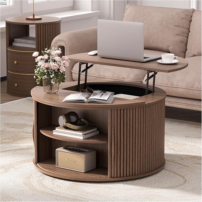 Lift Top Coffee Table with Storage,31.5”Mid Century Modern Round Center Table with Hidden Compartment,Fluted Small Dining Table for Living Room,Home Office,Walnut