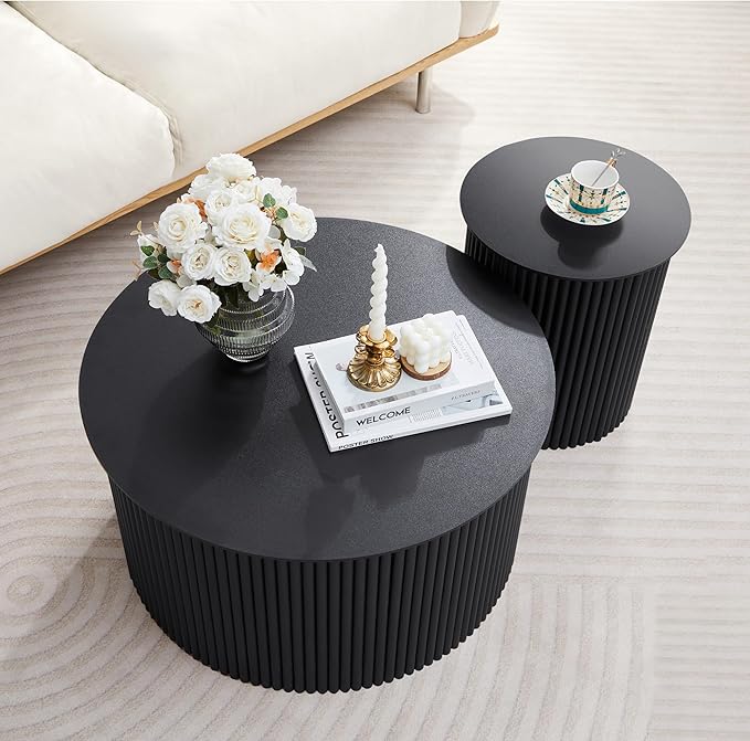 Fluted Round Nesting Coffee Table Set of 2, Mid Century Modern Wood Coffee Tables and End Table Set, Circle Side Table Minimalist Center Tables for Living Room, Office(Black)