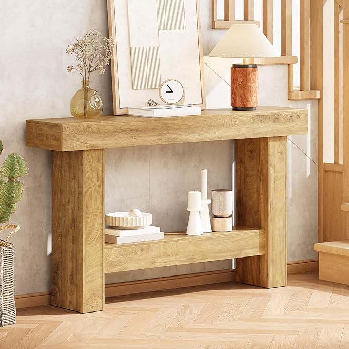 Farmhouse Console Table, 55'' Entryway Tables with Storage, 2-Tier Wooden Modern Console Tables Rectangular Sofa Table for Living Room, Entrance, Hallway (Grayish Brown)