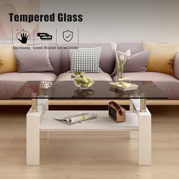 Modern 2-Tier Coffee Table with Tempered Glass Top, MDF Shelf & Metal Legs, Rectangular Living Room Center Table, Sturdy & Stylish Table for Small Spaces, Lounge or Office