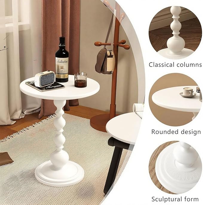 Metal Small End Table,Vintage Matte Black Round Side Table Nightstand for Bedside or Sofa,Small Accent Pedestal Table for Living Room Corners Bedroom Patio and bar (Light White)