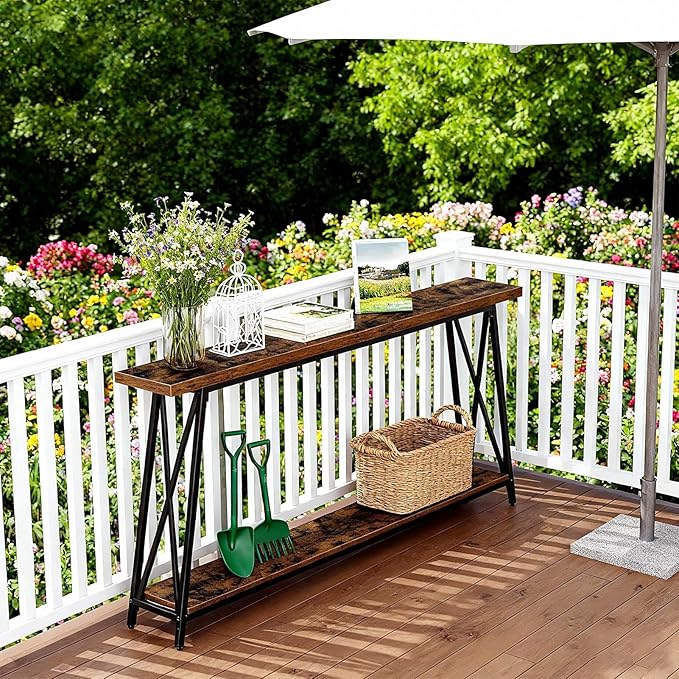 63" Solid Wood Entryway Table Narrow with Shelves, 2-Tier Storage Long Couch Table Behind Sofa Console Tables for Living Room, Entrance, Hallway, Foyer(Rustic Brown,59"x9.8"x31.5")