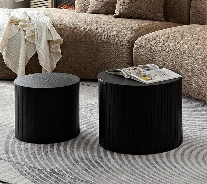 Round Coffee Table Set of 2 for Living Room, Wood Small Nesting Tables with Storage, Circle Side Table, Modern Accent End Table with Moveable Lid for Bedroom,Black