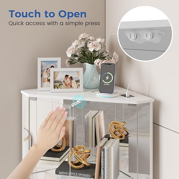 Corner Cabinet with Glass Doors, Small Storage Cabinet with LED Lights and Charging Station, 2-Tier Curio Cabinet with Storage for Living Room, Bedroom or Kitchen, White
