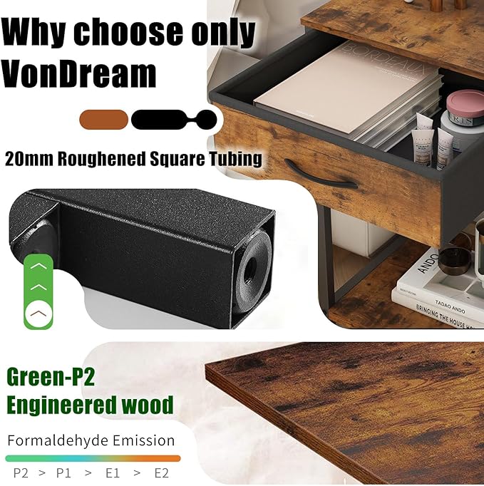 5-Tier Corner Shelf Stand with LED Lights & Fabric Drawer - Rustic Brown Freestanding Corner Cabinet Storage Organizer for Living Room, Bedroom, Office