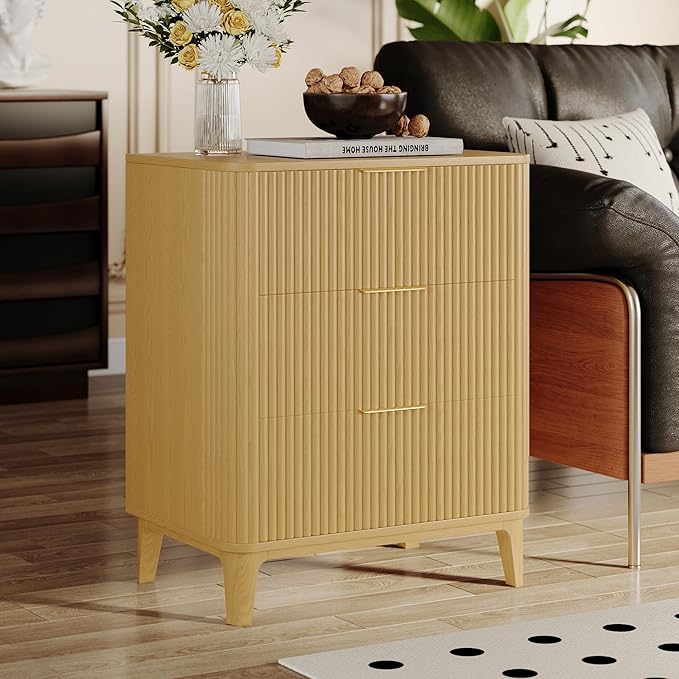 3 Drawer Fluted Dresser for Bedroom, Modern Closet Dressers Chest of Drawers, 23.6" Rustic Wood Nightstand 3-Drawer Dresser Bedside Table, Curved End Table with 3 Large Drawers for Living Room Natural