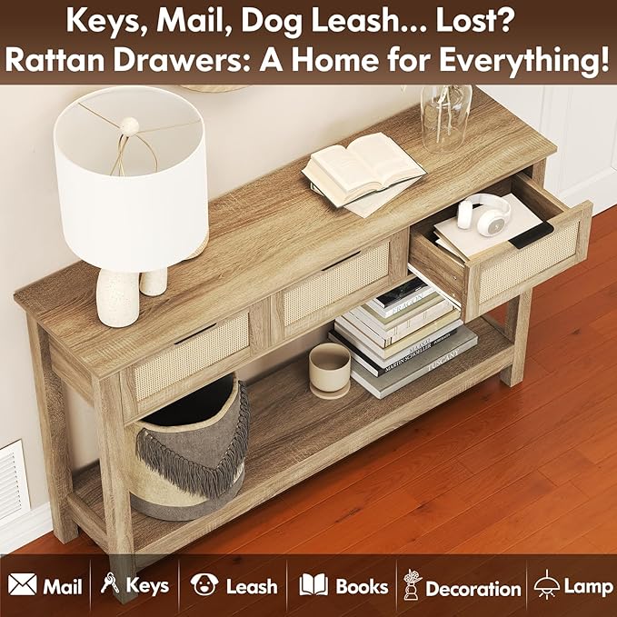 Luoxiao Rattan Console Table Boho Entryway Table with 3 Drawers Storage, Narrow Long Behind Couch Sofa Table for Living Room Side Table Entry Way Table Entrance Hallway Foyer, Natural, 47 Inch