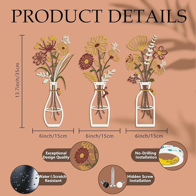 Iron Metal Vase Flower Wall Art Set of 3 - Minimalist Black Floral Decor for Living Room Bedroom Kitchen, Office Garden - Modern Farmhouse Home Decor & Housewarming Gifts (Yellow-Brown)