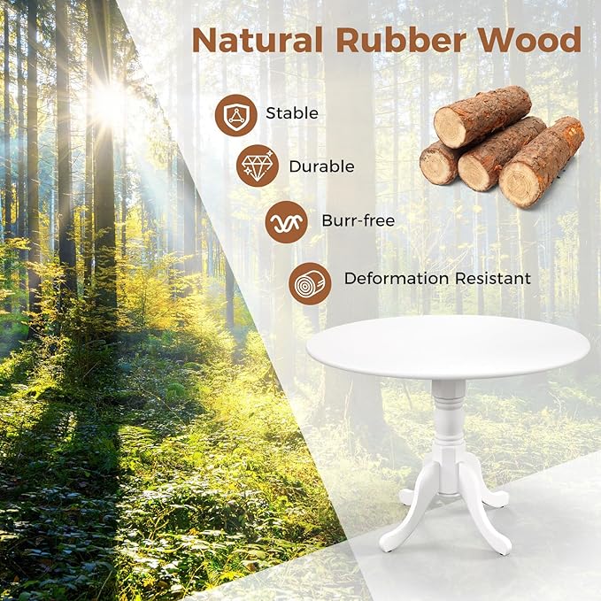 Giantex Round Dining Table, 39" D X 29" H, Rubber Wood Pedestal Table W/Round Tabletop & Curved Trestle Legs, 4-Person Dinner Table for Kitchen, Dining Room, Restaurant (White)