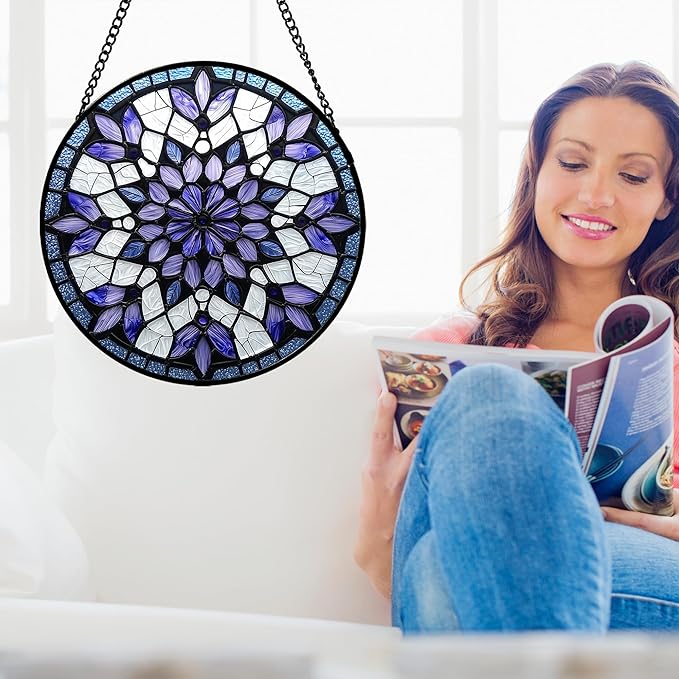 Stained Glass Window Hanging, Purple Blue Tiffany Style Flowers Sun Catcher for Window Door Home Decor Suncatcher Christmas Mother's Day Birthday Gifts for Women Men Mom Nana 15 in